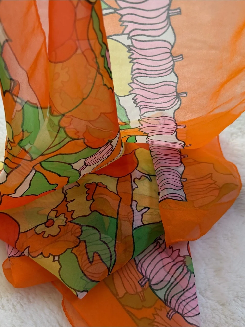 Vintage 1970s Sheer Floral Scarf Orange Flower Power Retro Mod Square